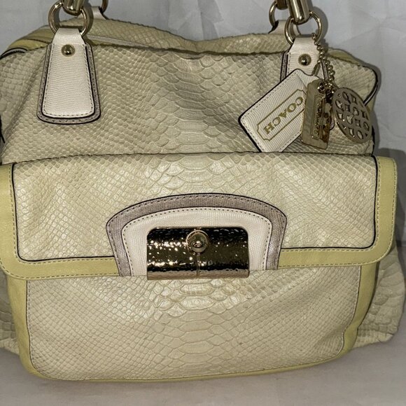 ❤️COACH Snakeskin Yellow With Leather Logo Handbag Purse Satchel/Top Handle Bag